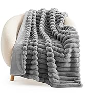 Light Grey Striped Faux Fur Throw Blanket  for Couch, Cozy Warm Plush for Sofa Bedroom Living Room