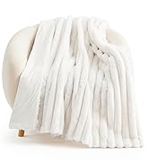 Cream White Striped Faux Fur Throw Blanket  for Couch, Cozy Warm Plush for Sofa Bedroom Living Room