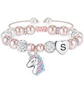 Hidepoo Unicorn Bracelet Gifts for Girls - Pink Pearl and Rhinestone Balls Heart Initial Unicorn ...