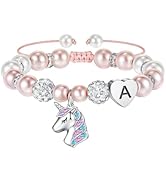 Hidepoo Unicorn Bracelet Gifts for Girls - Pink Pearl and Rhinestone Balls Heart Initial Unicorn ...