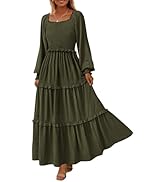 PRETTYGARDEN Women's Long Sleeve Smocked Maxi Dress Casual Square Neck Swiss Dot Tiered Ruffle Fl...