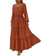 PRETTYGARDEN Women's Long Sleeve Smocked Maxi Dress Casual Square Neck Swiss Dot Tiered Ruffle Fl...