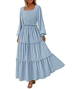 PRETTYGARDEN Women's Long Sleeve Smocked Maxi Dress Casual Square Neck Swiss Dot Tiered Ruffle Fl...