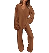 PRETTYGARDEN Women's 2 Piece Pullover Sweater Set Oversized V Neck Tops Wide Leg Long Pants Track...