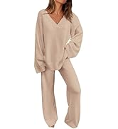 PRETTYGARDEN Women's 2 Piece Pullover Sweater Set Oversized V Neck Tops Wide Leg Long Pants Track...
