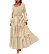 PRETTYGARDEN Women's Long Sleeve Smocked Maxi Dress Casual Square Neck Swiss Dot Tiered Ruffle Fl...