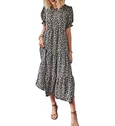 PRETTYGARDEN Women's Summer Casual Boho Dress Floral Print Ruffle Puff Sleeve High Waist Midi Bea...