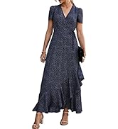 PRETTYGARDEN Women's Summer Wrap Maxi Dress Casual Boho Floral V Neck Short Sleeve Ruffle Hem Spl...