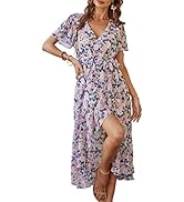 PRETTYGARDEN Women's 2023 Floral Boho Dress Wrap V Neck Short Sleeve Belted Ruffle Hem A-Line Flo...