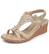 TEMOFON Womens Sandals Wedge Low: Summer Open Toe Wedges - Dressy Casual Elastic Ankle Strap Plat...