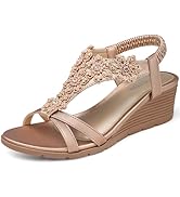 TEMOFON Womens Sandals Wedge Low: Summer Open Toe Wedges - Dressy Casual Elastic Ankle Strap Plat...