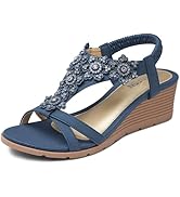 TEMOFON Women's Low Wedge Heels Summer Dressy Platform Sandals Elastic Ankle Strap Open Toe Flowe...