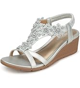 TEMOFON Womens Sandals Wedge Low: Summer Open Toe Wedges - Dressy Casual Elastic Ankle Strap Plat...