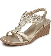 TEMOFON Womens Sandals Wedge Low: Summer Open Toe Wedges - Dressy Casual Elastic Ankle Strap Plat...