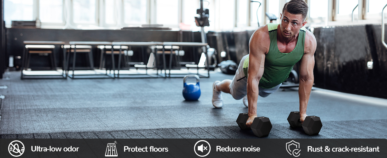 Fitvids Rubber Encased Exercise & Fitness Hex Dumbbell, Hand Weights with Handle, Multiple Sizes
