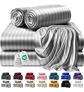 DECOLURE Stripped Satin Sheet Queen Set 4pc - Luxurious Silk Feel Sheets Queen - All-Season Satin...