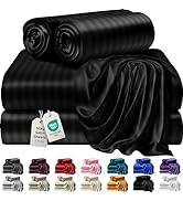 DECOLURE Stripped Satin Sheet Queen Set 4pc - Luxurious Silk Feel Sheets Queen - All-Season Satin...