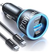 LISEN 170W Car Charger USB C Fast Charge for iPhone 16 Pro Max [GaN] PD3.1 140W+PD30W USBC Car Ch...