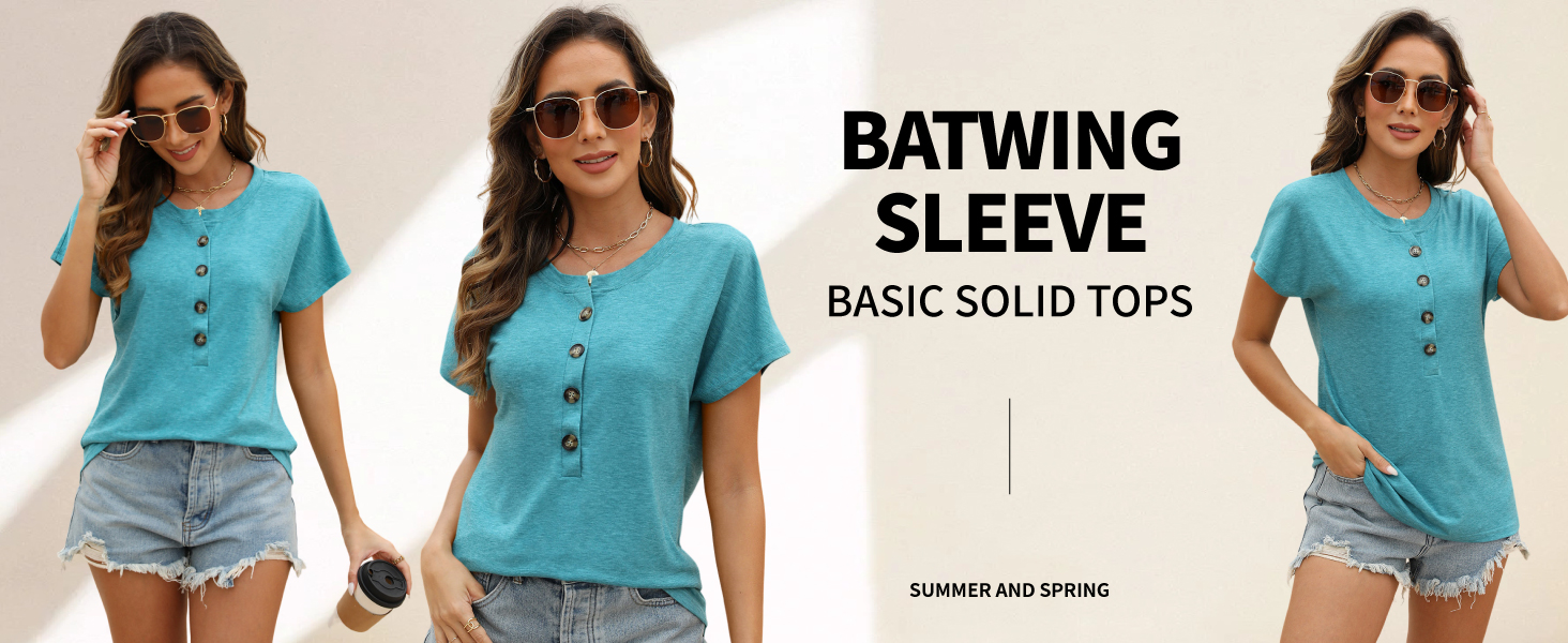 Womens Batwing Sleeve Tshirts Crew Neck Short Sleeve Buttons Tops