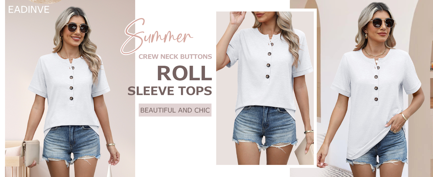 EADINVE Womens T Shirts V Neck Buttons Down Tops Casual Summer Tees Short Sleeve