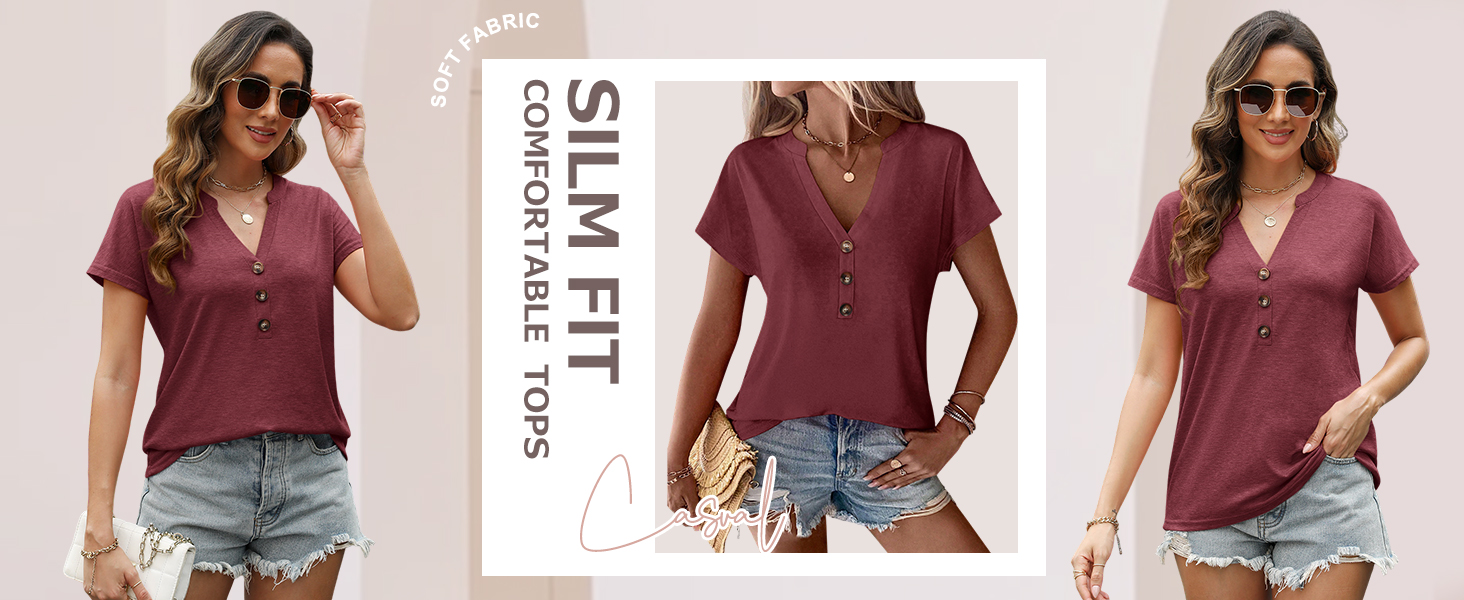 Womens Tshirts V Neck Short Sleeve Buttons Tops Batwing Sleeve Tee
