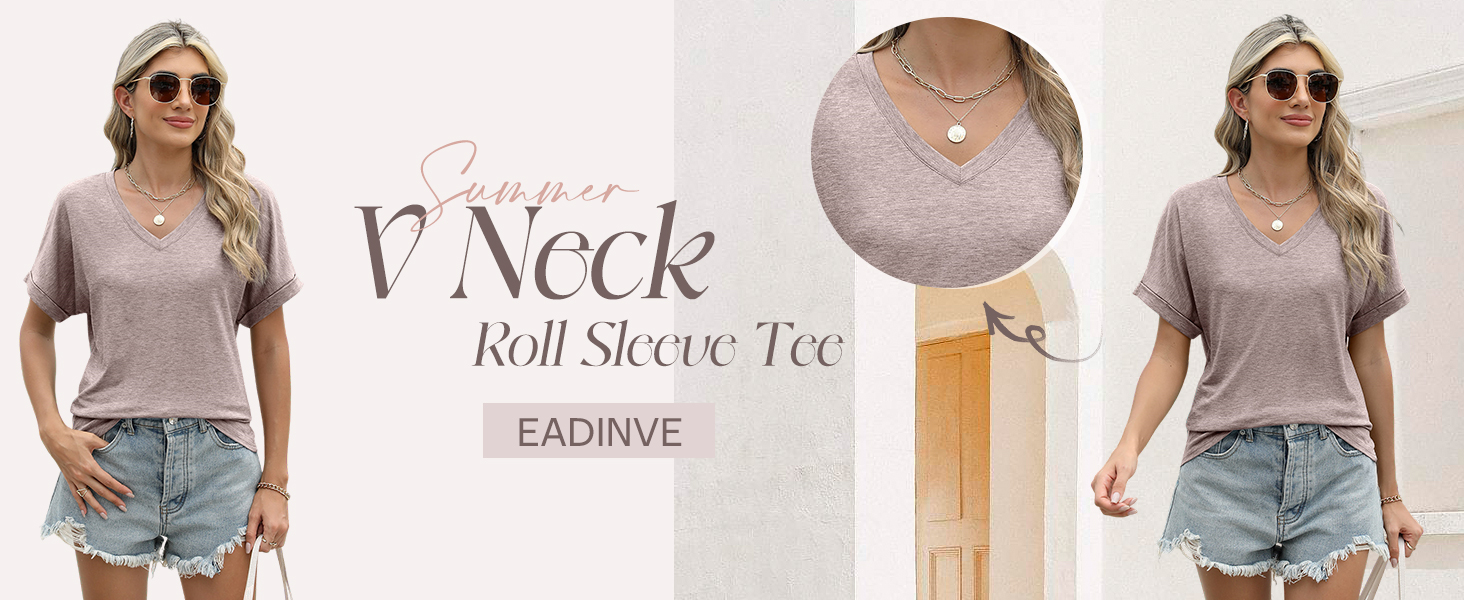Womens Tshirts V Neck Short Sleeve Roll Sleeve Tops Summer