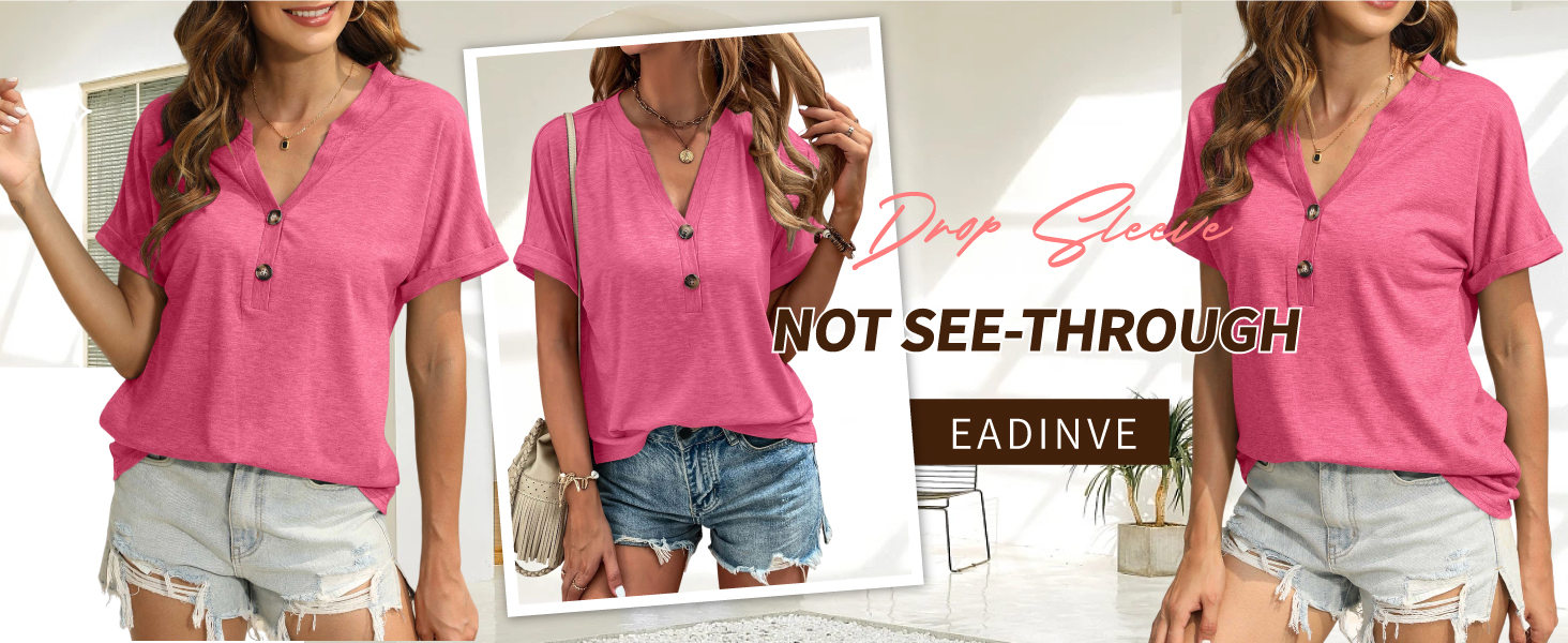 Womens Tshirts V Neck Short Sleeve Buttons Tops Tee Solid Color Blouse Loose Fit
