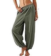 Faleave Women's Baggy Wide Leg Pants Elastic Waisted Casual Comfy Palazzo Harem Pants with Pockets