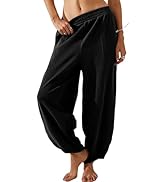 Faleave Women's Baggy Wide Leg Pants Elastic Waisted Casual Comfy Palazzo Harem Pants with Pockets