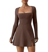 QINSEN Womens Square Neck Bodice Dress Long Sleeve Side Slit Flare Mini Dresses