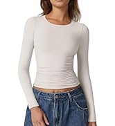 QINSEN Womens Crewneck Long Sleeve Shirt Double Lined Basic Tees Side Ruched Going Out Crop Tops