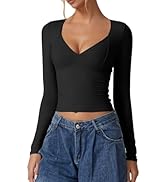 QINSEN Women's Long Sleeve V Neck T Shirts Double Lined Crop Top Seamed Cup Going Out Tops