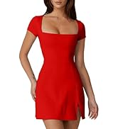 QINSEN Womens Square Neck Tennis Dress Short Sleeve Built in Shorts Golf Athletic Dress with Pockets