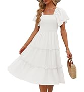 LILLUSORY Women's Summer Casual Flutter Sleeve Square Neck Smocked Midi Dress