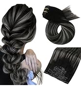 Moresoo Seamless Hair Extensions Clip in Human Hair Balayage Black to Silver Clip in Hair Extensi...