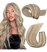 Moresoo Highlight Hair Extensions Hair Wefts Human Hair Sew in Light Brown Highlighted With Plati...