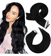 Moresoo Tape in Hair Extensions Black Invisible PU Human Hair Tape in Extensions Skin Weft Tape i...